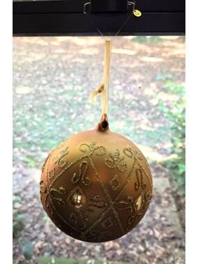 Frontgate Gold Glass Christmas Ornament Matte Diamond Swirls Glitter 6"